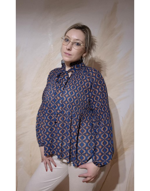 Blouse plissée à motif bleu petrol/moutarde