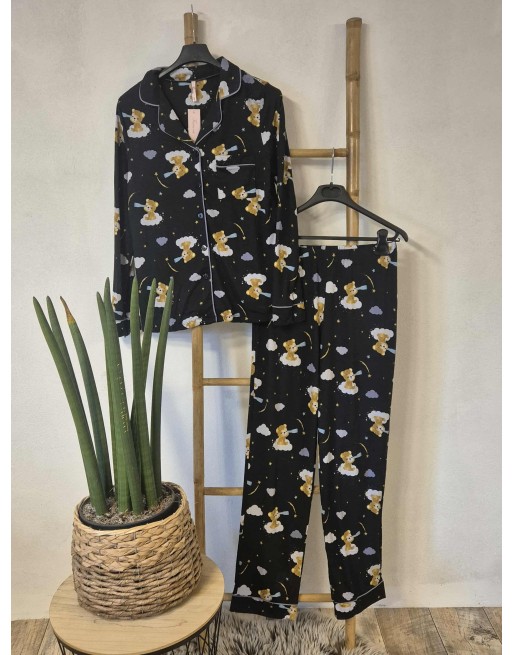 Pyjama noir ultra doux imprimé lunes et de nounours