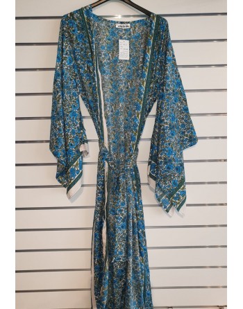 kimono long en soie bleu