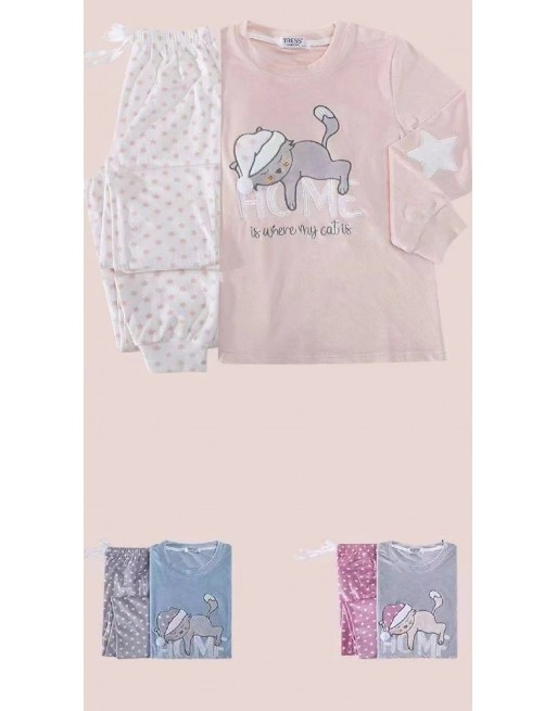 Pyjama pilou pilou chat qui dors pour fille saumon