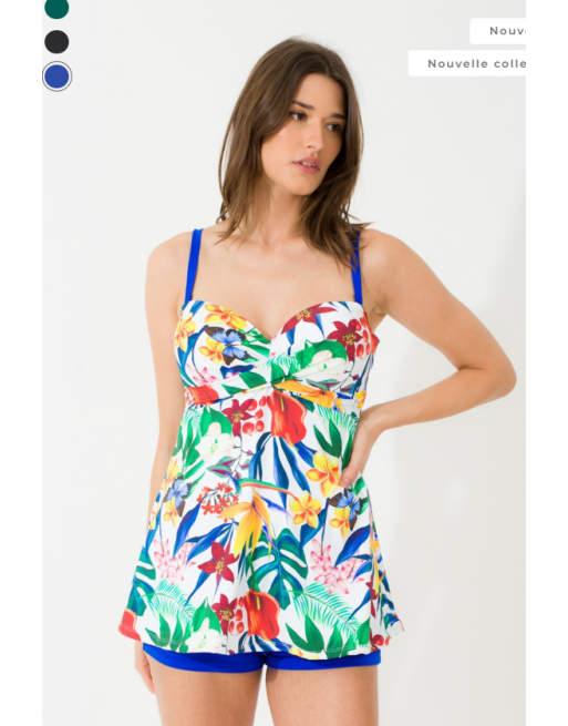 Tankini fleuri blanc et bleu roi