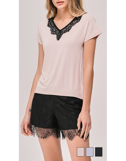 Pyjama thee-shirt + short en dentelle rose