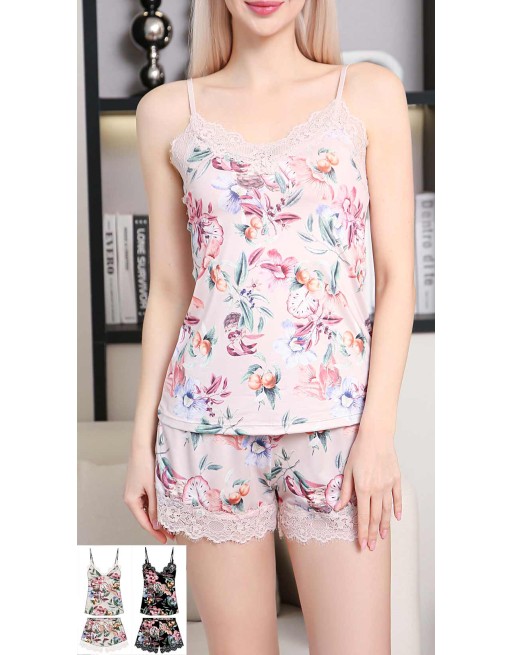 Pyjama top short motifs fleurs et fruit rose