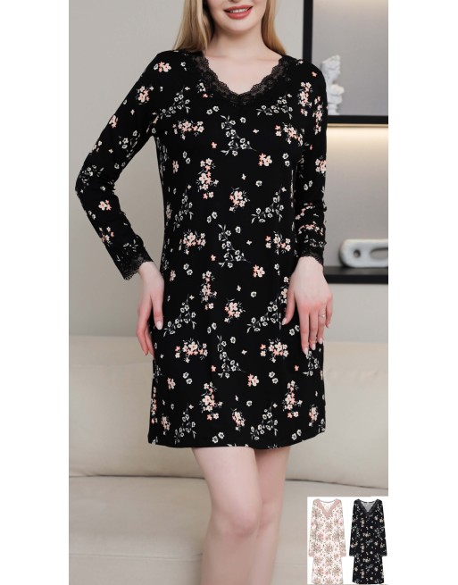 Chemise de nuit imprimée manches longues noir