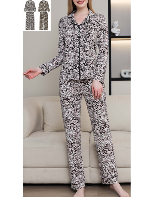 Pyjama chemise + pantalon imprimé leopard beige