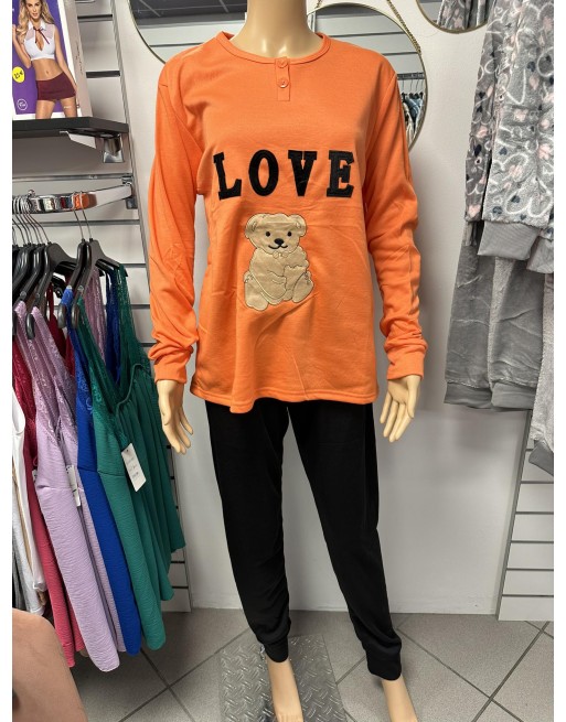 Pyjama coton molletonné ourson Love orange